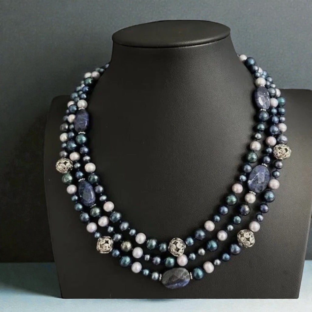 Lucas Lameth Sterling Triple-Strand Faceted Sodalite & Cultured Pearl Necklace